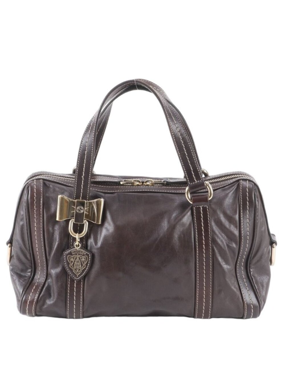 Gucci Duquessa Ribbon Motif Leather Handbag Tote Brown